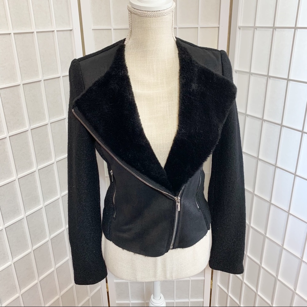 Zara Trafaluc Black Moto Jacket Faux Fur Collar XS
